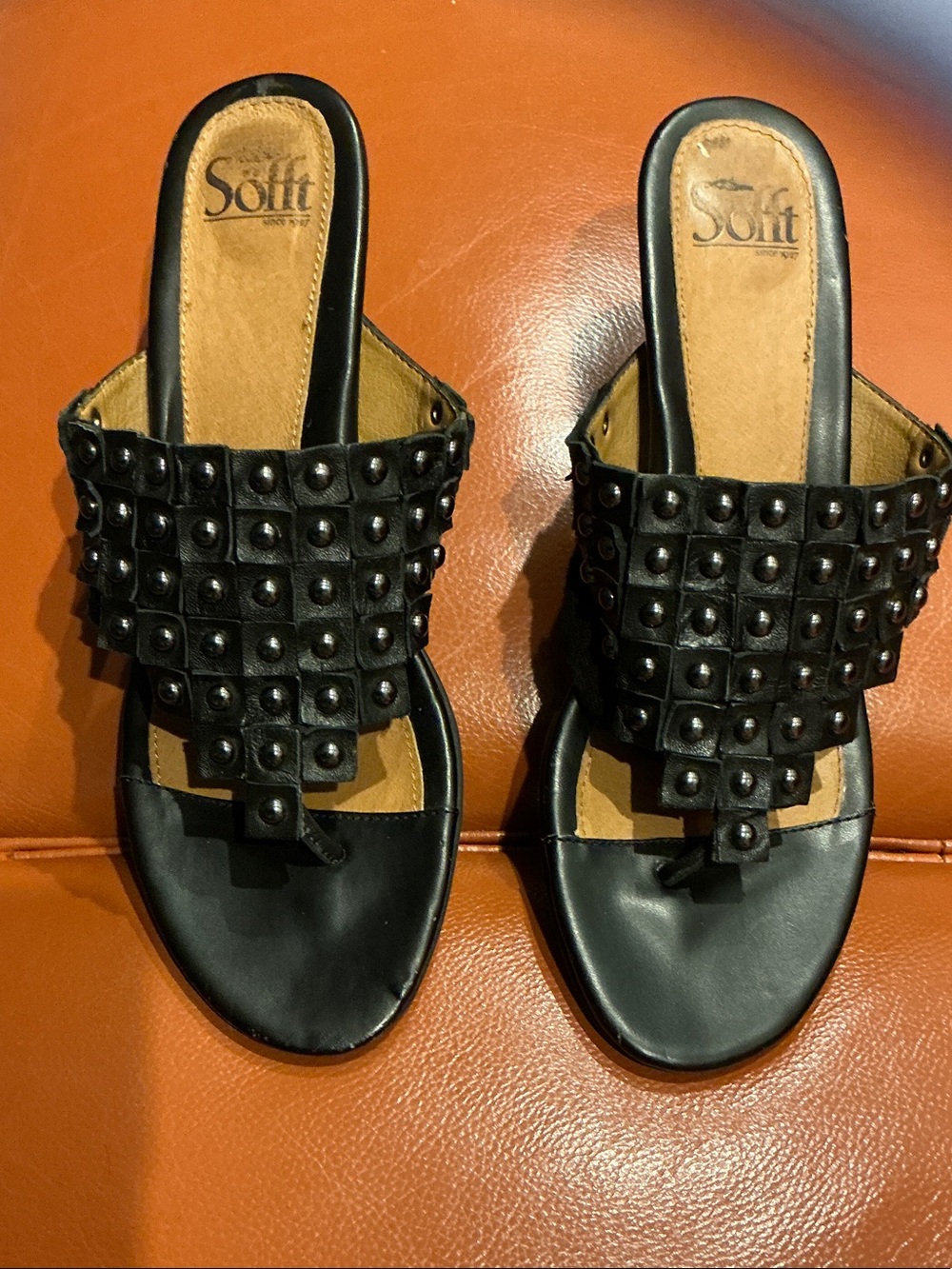 Sofft Black Studded Woven Leather Slide Mules